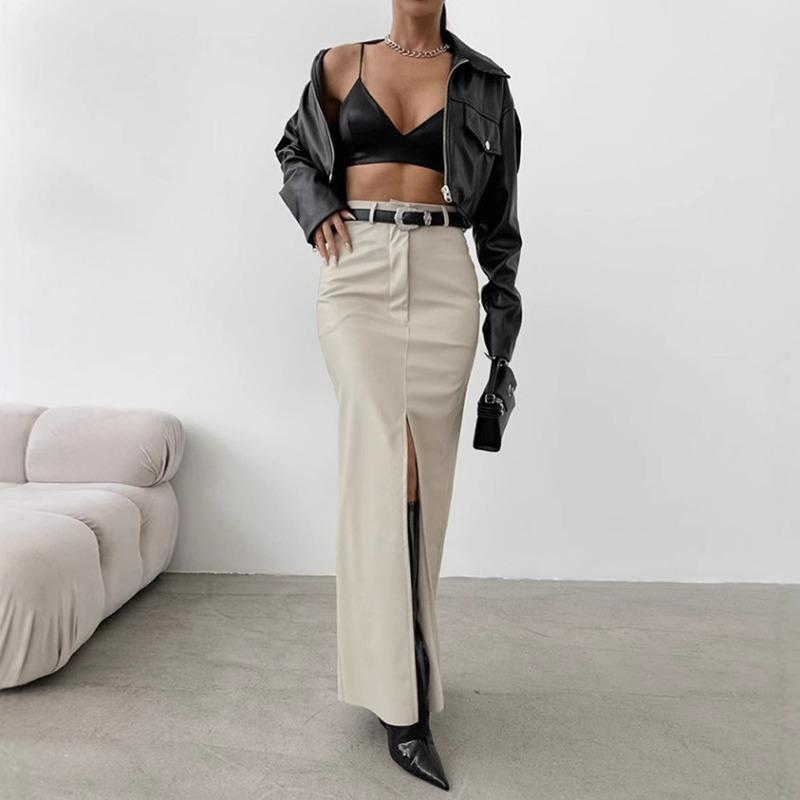 Women's Temperament Fashion PU Leather Solid Color Splicing Design Sense High Waist Slit Slim Long Skirt