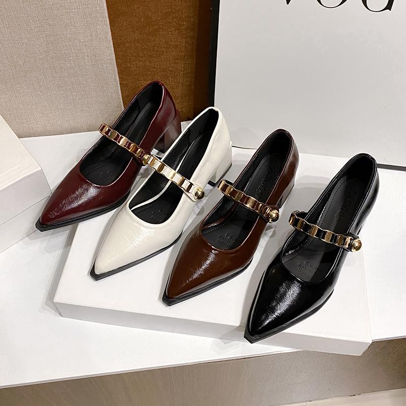 2025 Spring Style Pointed Toe Square Heel Versatile Style Single Shoes Women's Shoes Professional Buckle Dress High Heels