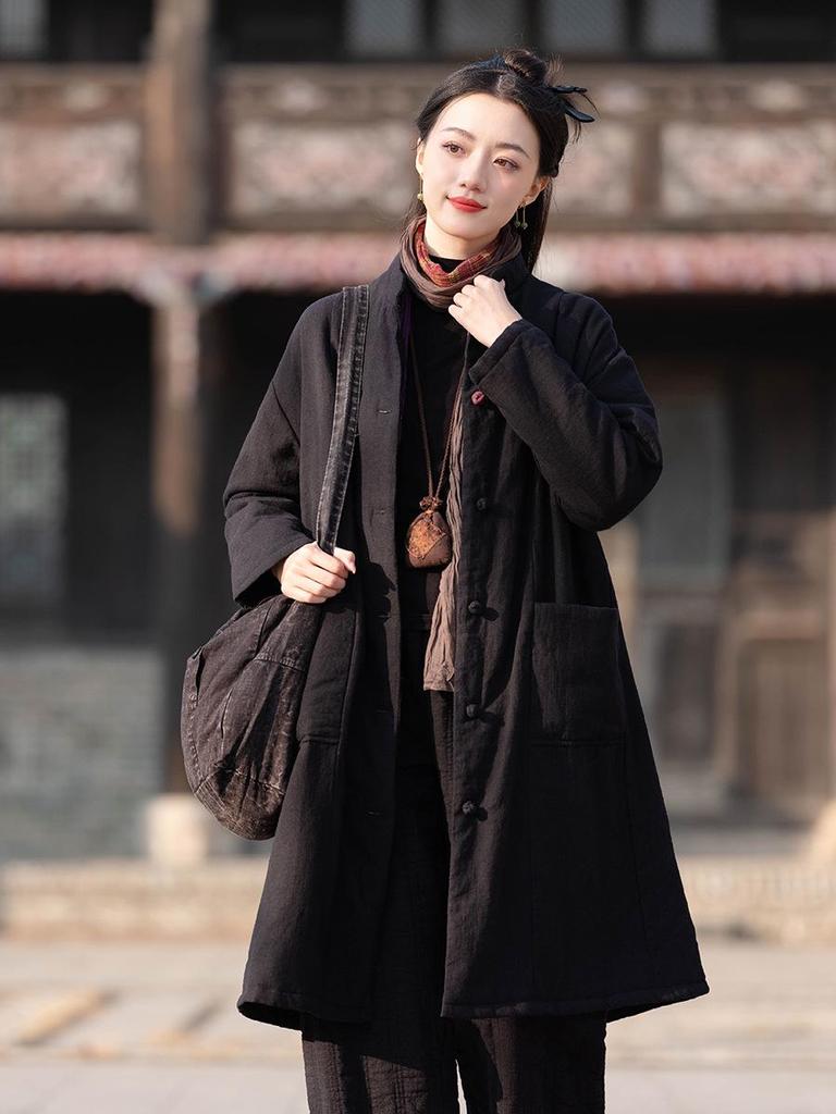 Women's Winter Retro Stand Collar Quilted Jacket: Slimming Cotton-Linen, Sandwashed, Thickened, Long Coat