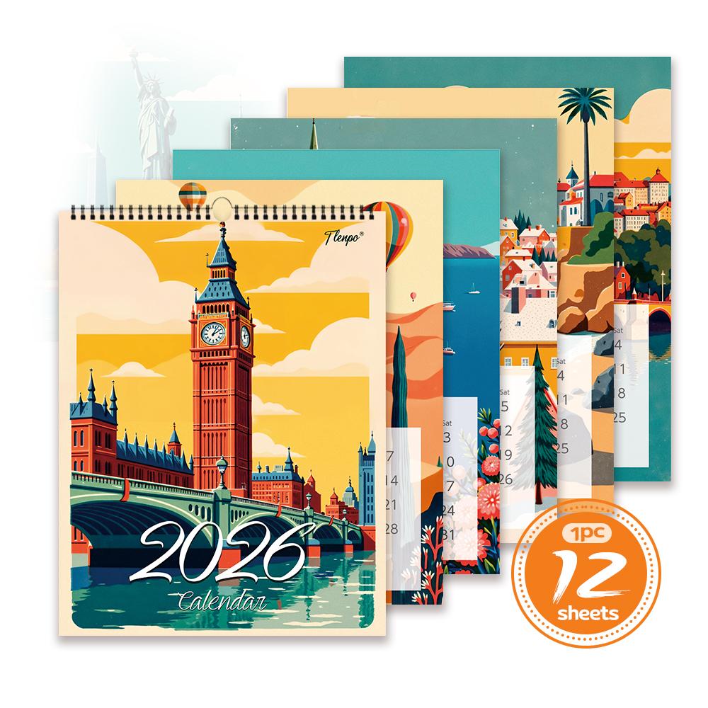 1pc 2026 Cartoon Landmark Wall Calendar - Scenery Theme, 12 Different Designs, Suitable As Gifts for Halloween, Birthdays