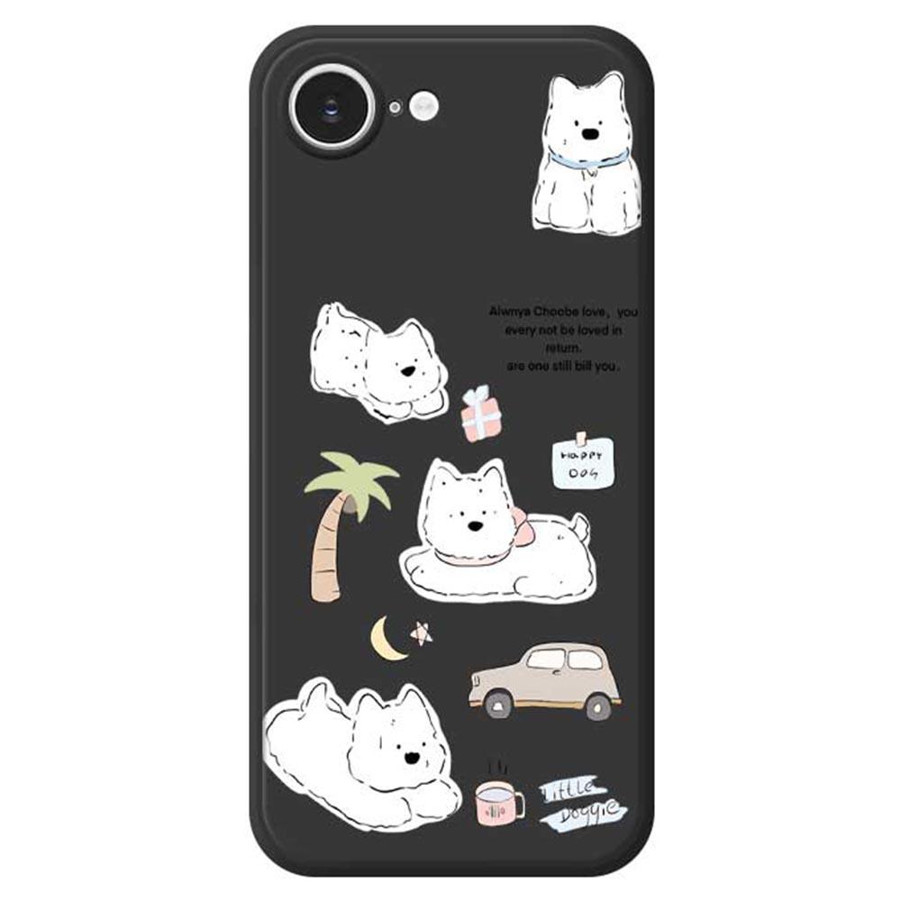 

For iPhone 16e Case Cute Happy Dog Pattern Printing Straight Edge TPU Phone Back Cover Black