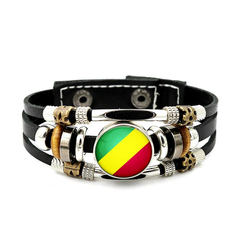 Factory National Country Flag Design Bracelet Crystal Bead Snap Button Sports National Team Jewelry Gift Leather Wrap Bracelet