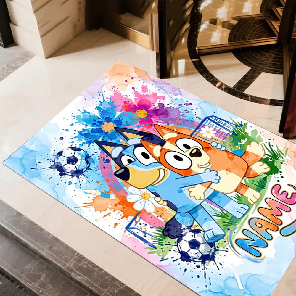 Bluey's Festive Football Fun Customized Name Floor Mat Suitable for Bedrooms Living Rooms Dining Room Decorate Room Antislip Carpet Anime Office Decor