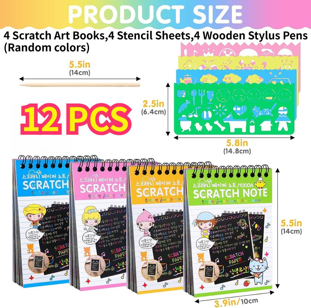 12 PCS Scratch Art Set 4 Rainbow Mini Notebooks 4 Stencil Sheets 4 Wooden Stylus Fun Drawing, Party Favors Creative Gifts