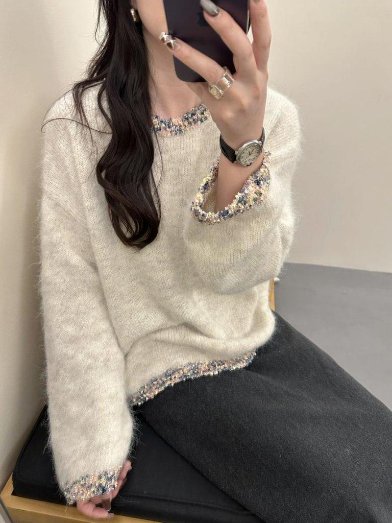 Women's Plus Size Shiny Gray Knit Sweater - Heavy Duty Autumn/Winter Base Layer for Chubby Girls - Light Luxury 2025
