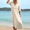 Women's Fashionable Casual V-Neck -Color Beach Dress: Loose-Fitting Openwork Dress