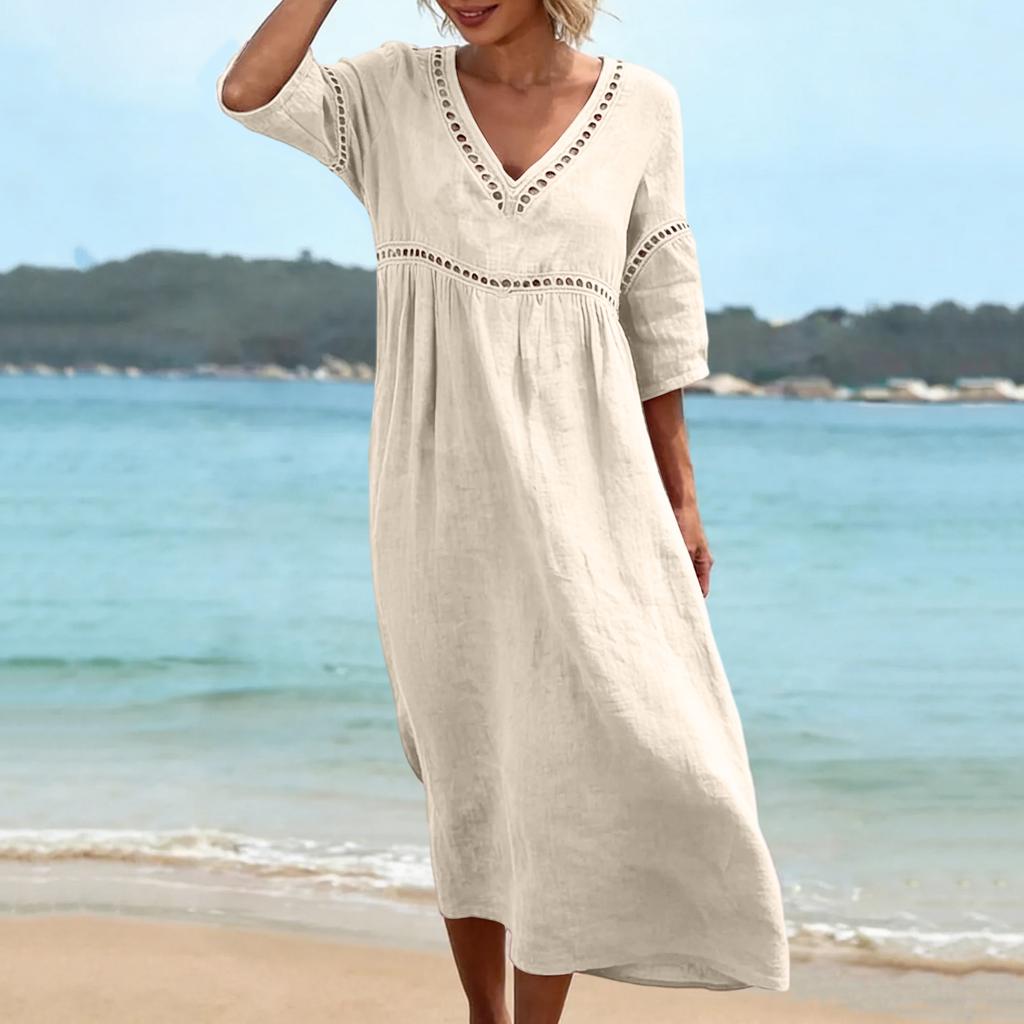 Women's Fashionable Casual V-Neck -Color Beach Dress: Loose-Fitting Openwork Dress