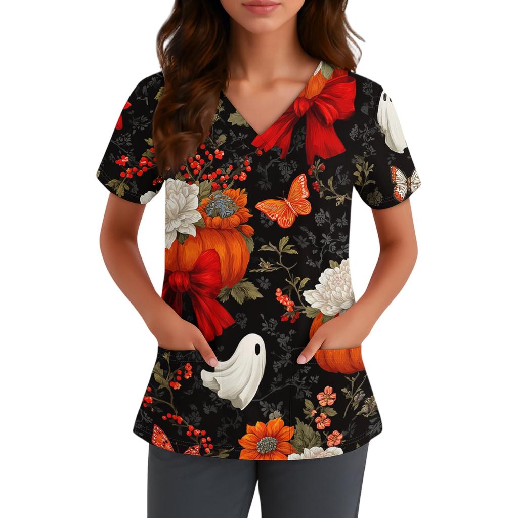 Women V Neck Short Sleeve Work Top with Pocket Halloween Print Scrub Shirt for Healthcare and Service Professionals