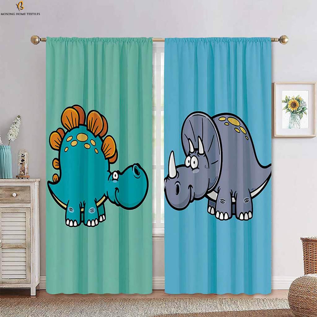Set Of 2 Cute Cartoon Animal Dinosaur Print Curtains Bedroom Living Room Kitchen Kids Decorative Curtain With Rod Pocket Polyester Perfect For Sitting