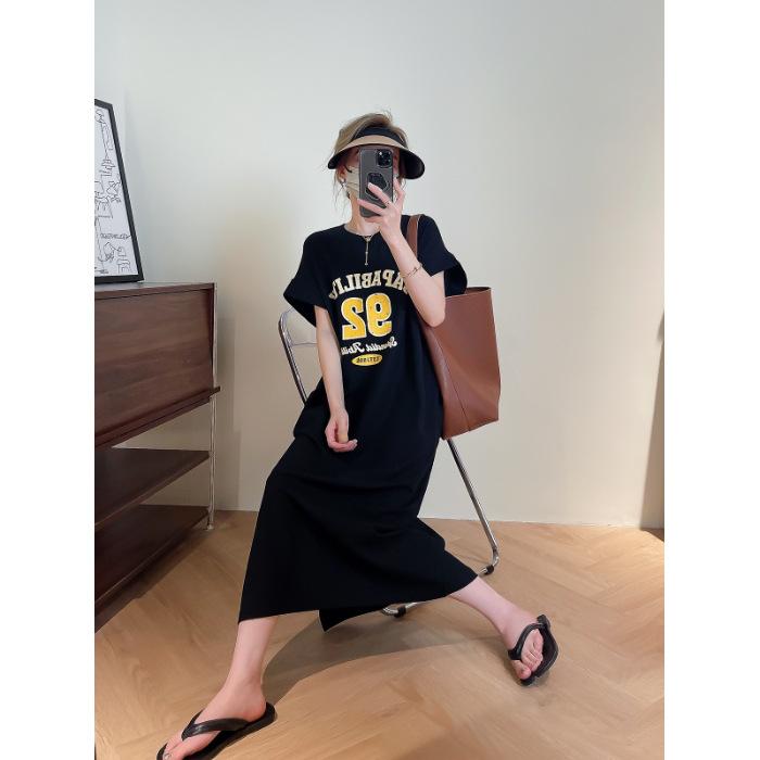 Large Size Women's Short-sleeved T-shirt Skirt Women's Summer Medium and Long Knee-length Dress Loose Age-reducing Pure Cotton Split-ended Long Dress