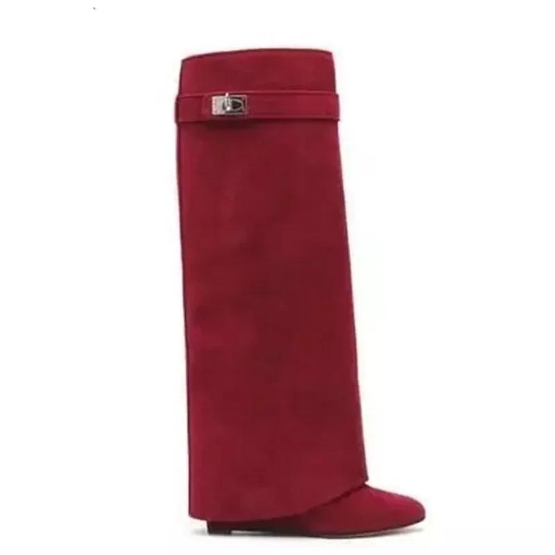 Elegant High Heel Mid-Calf Boots with Metal Buckles for Formal Banquets, Stylish Riding Boots for Women, Chunky Heel Dress Boots