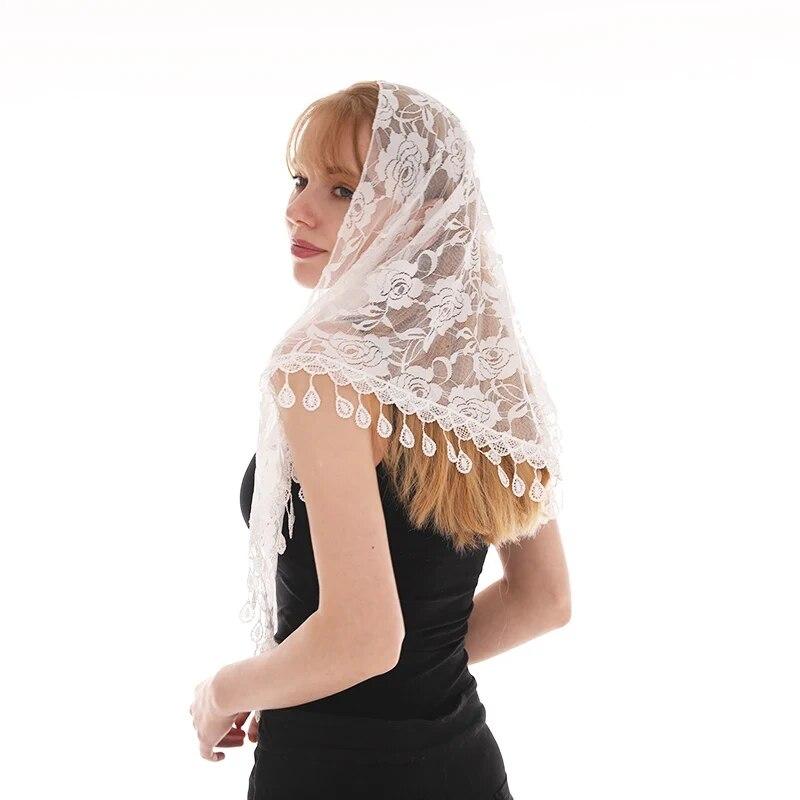 Fashionable Lace Single Color Triangle Tassel Towel Women Veil Pure Color Flower Triangle Scarf Prayer Hijab 160*80Cm