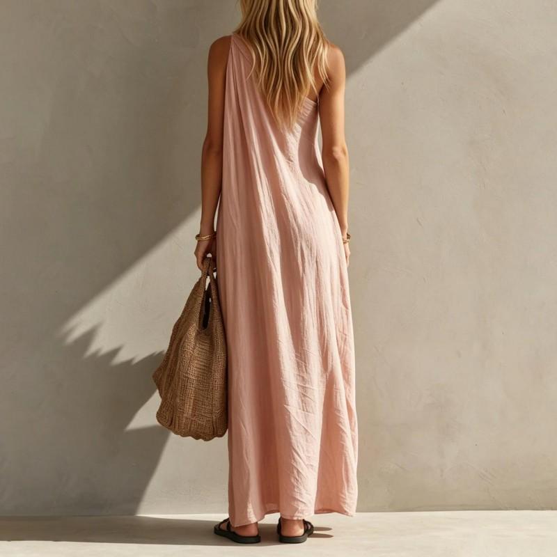 Elegantes einfarbiges ärmelloses Maxikleid Damen 2026 Slim Fit Hoher Bund Fließend Lang