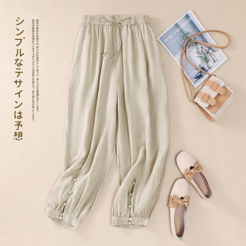 Summer new literary loose solid color cotton and linen elastic waist Harlan pants nine-point pants women's casual pants