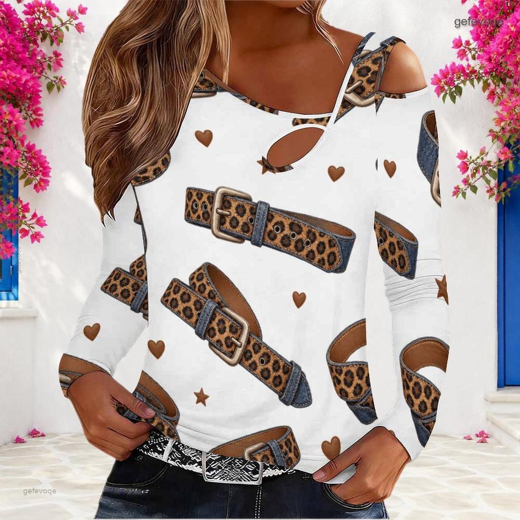Women Plus Size Asymmetric Cutout Neck Cold Shoulder Long Sleeve White Leopard Belt Heart Star Printed Fitted Top