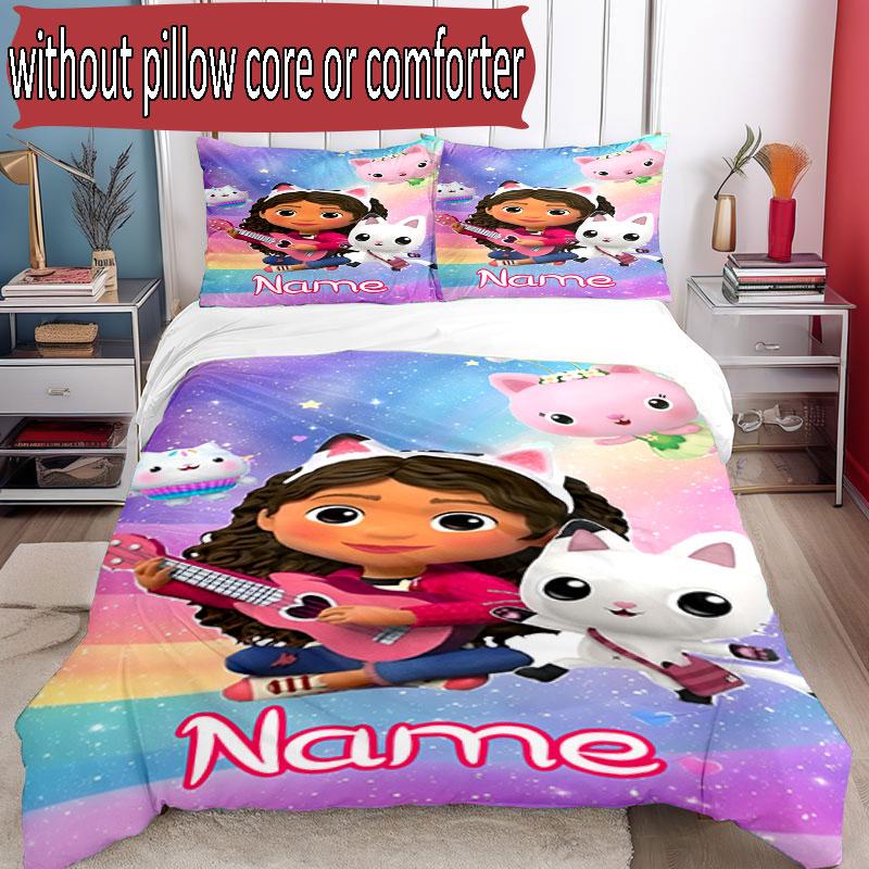3pcs Duvet Cover Set (1*Duvet Cover + 2*Pillowcase, Without Core), Custom Name Gabby's Dollhouse Pattern Bedding Set, Home Bedroom Decor Gift