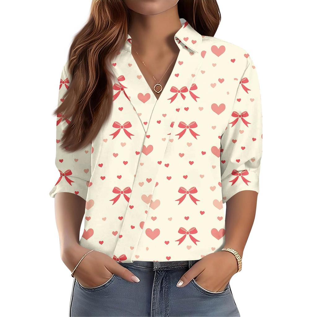 Women's 3/4-Sleeve V-Neck Shirt Printed Workwear Casual Regular Shirt Collar Top