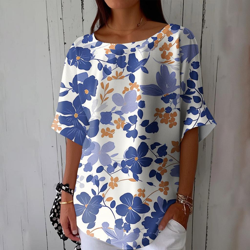 Women's Fashionable Casual Round Neck Printed Top Loose Top Printed Top Loose Top