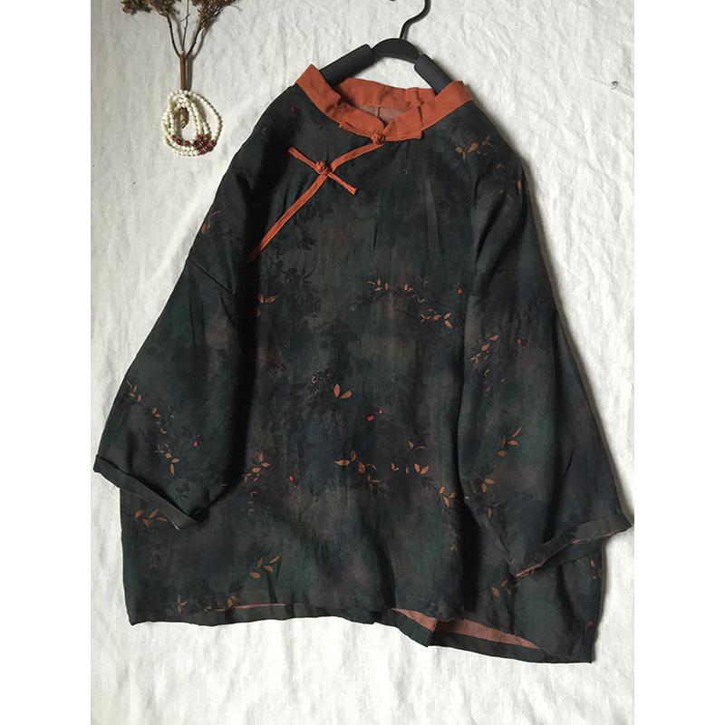 

2025 Autumn Floral Linen Oblique Lapel Retro Frog Button Short Jacket Large чёрный/зелёный