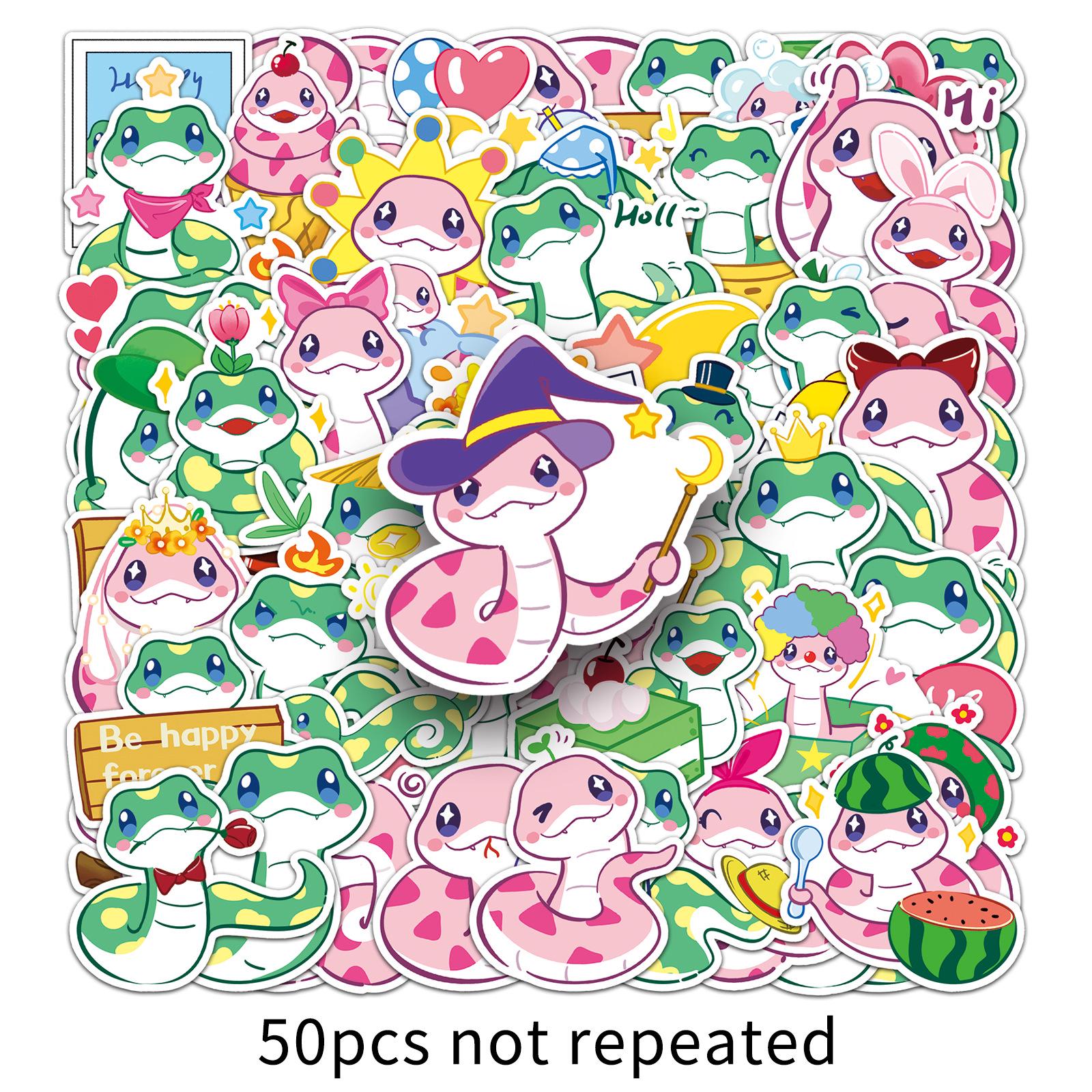 50 Sheets Cute Cartoon Baby Snake Waterproof Stickers - Decorative Journal Stationery