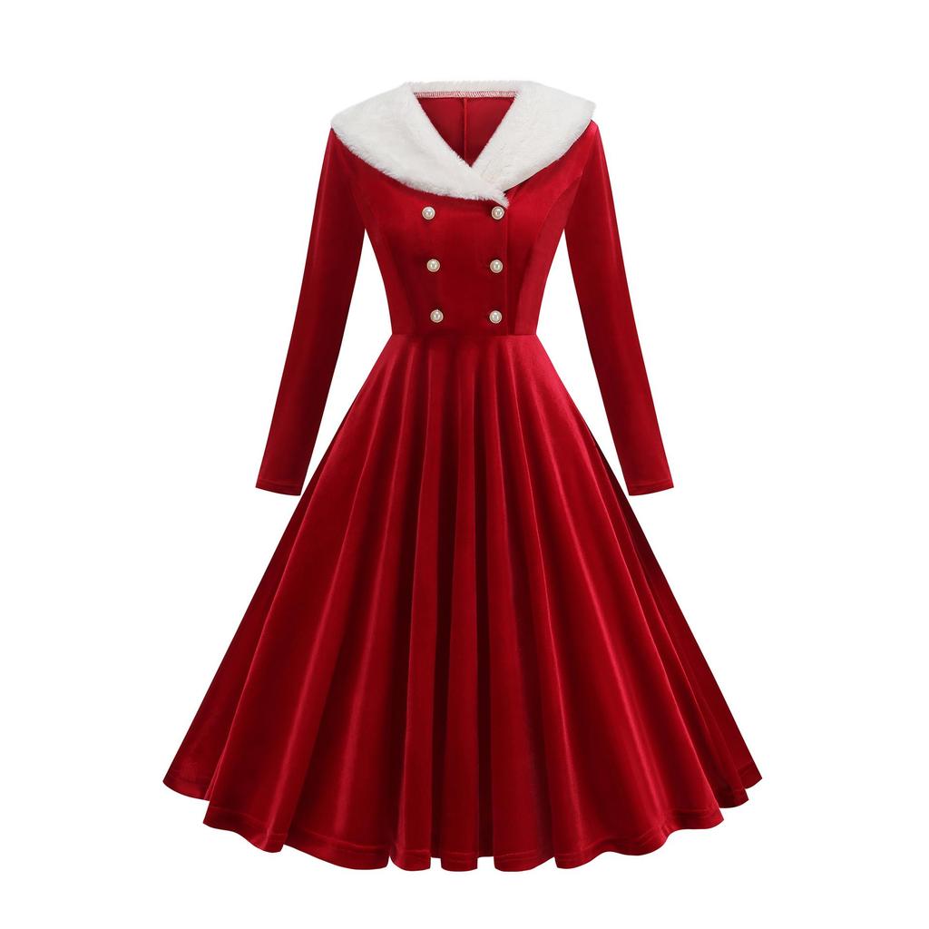 2025 Retro Velvet Christmas Dress with Fur Collar for Women