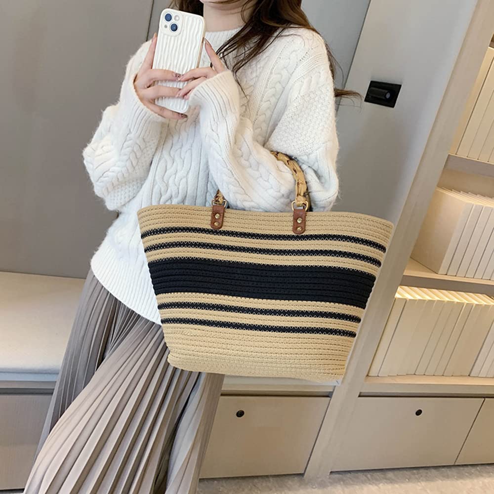 Muzhilun Women's Woven Straw Bag, Large Woven Bag, Handmade Woven Basket with Handles, Bamboo Tote Bag for Summer Beach, Beach Basket with Handles,