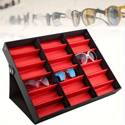 18-compartment Eyewear Display Case, Durable Plastic with Clear Lids. Sleek Black Frame for Retail & Home Use.