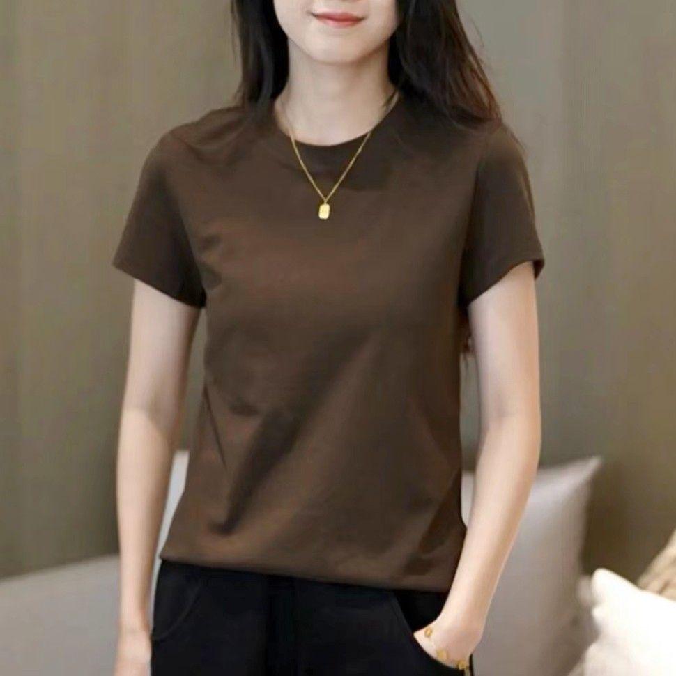Women's Elegant Round Neck Short Sleeve Textured Solid Color T-shirt - High Stretch and Versatile Summer Top