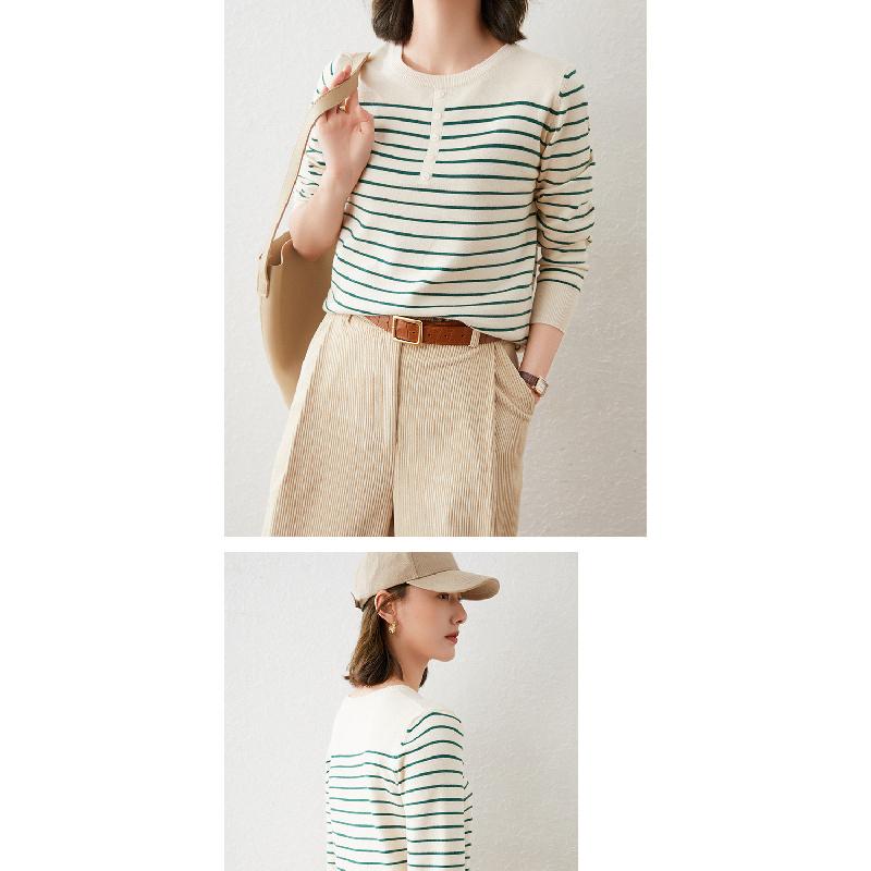Striped long-sleeve knit top for women, 2026 spring and autumn new style, short Korean version, loose casual inner sweater