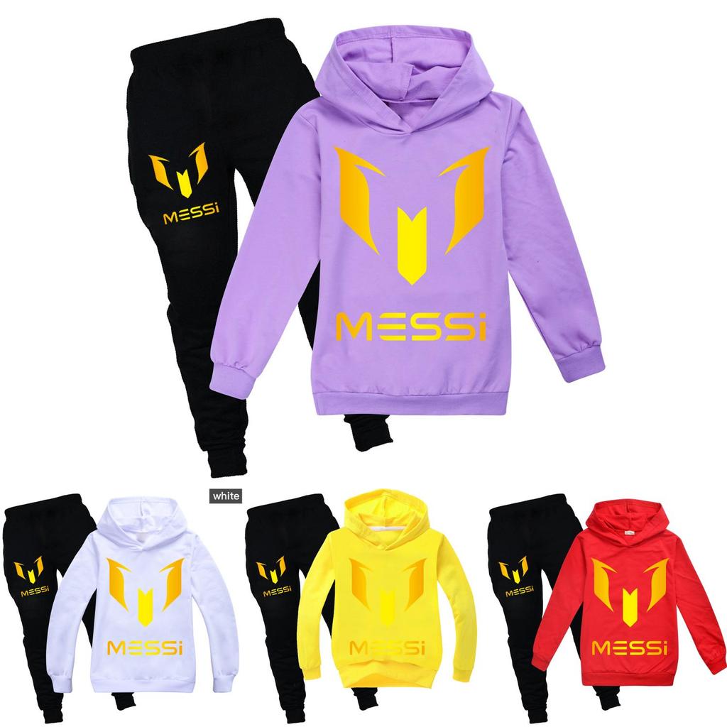 Messi Letter Print Cartoon Kids Hoodie And Pants Set With Cotton Fabric
