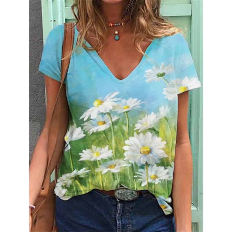 Summer V-neck 3D Cat Flower Colorful Printed Top Fashionable Casual Short Sleeved Women's T-shirts