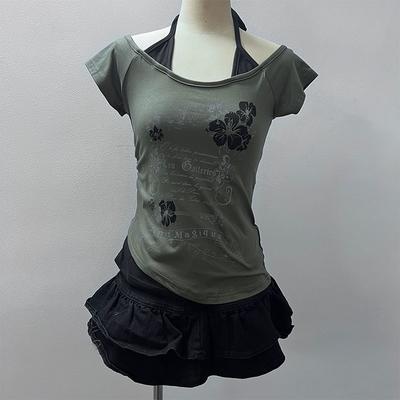 Camisetas de manga corta con cuello halter y cordones estilo vintage americano de TrendHub, estilo Y2K, ajustadas, estampadas, para mujer.