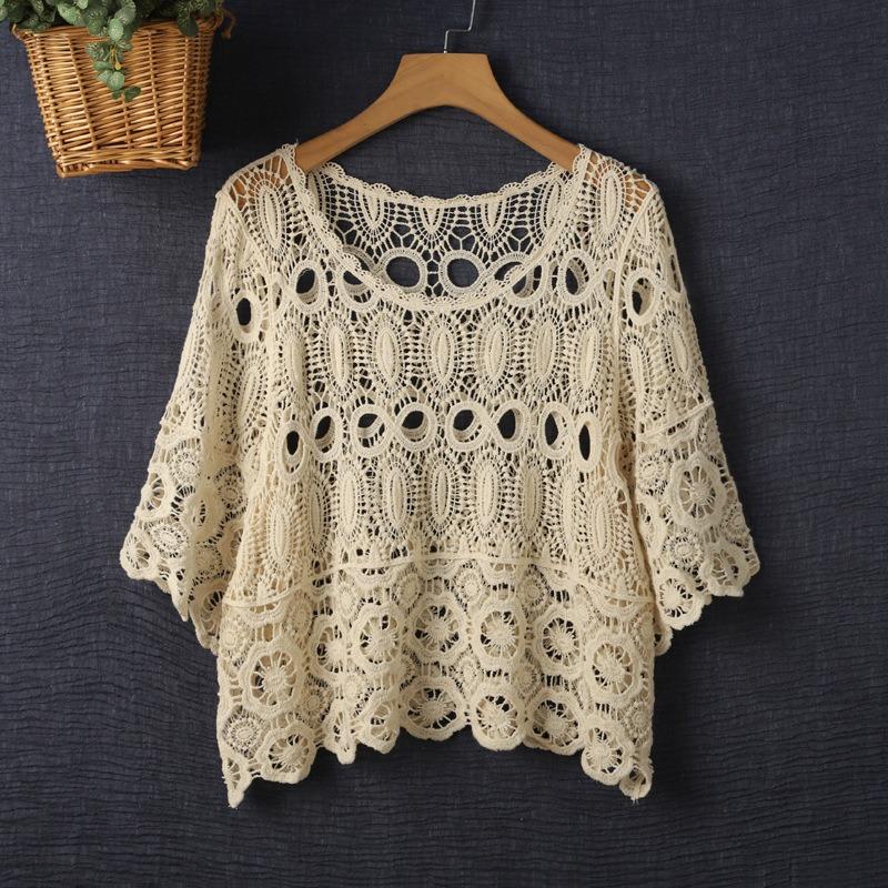 Summer Loose Hollow Blouse, Thin Short-sleeved Sling, Knitted Lace Blouse