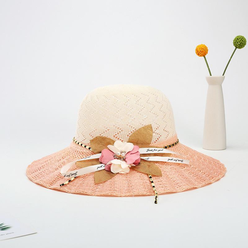 Straw Hat Women Summer Sunshade Wide Brim With Flower Pattern For Beach Vacation