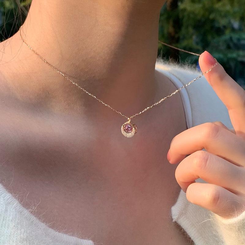 Beautiful Trendy Zinc Alloy Gold Plated Purple Zircon Pendant Link Chain Necklace Women's Everyday Jewelry Gift Collection