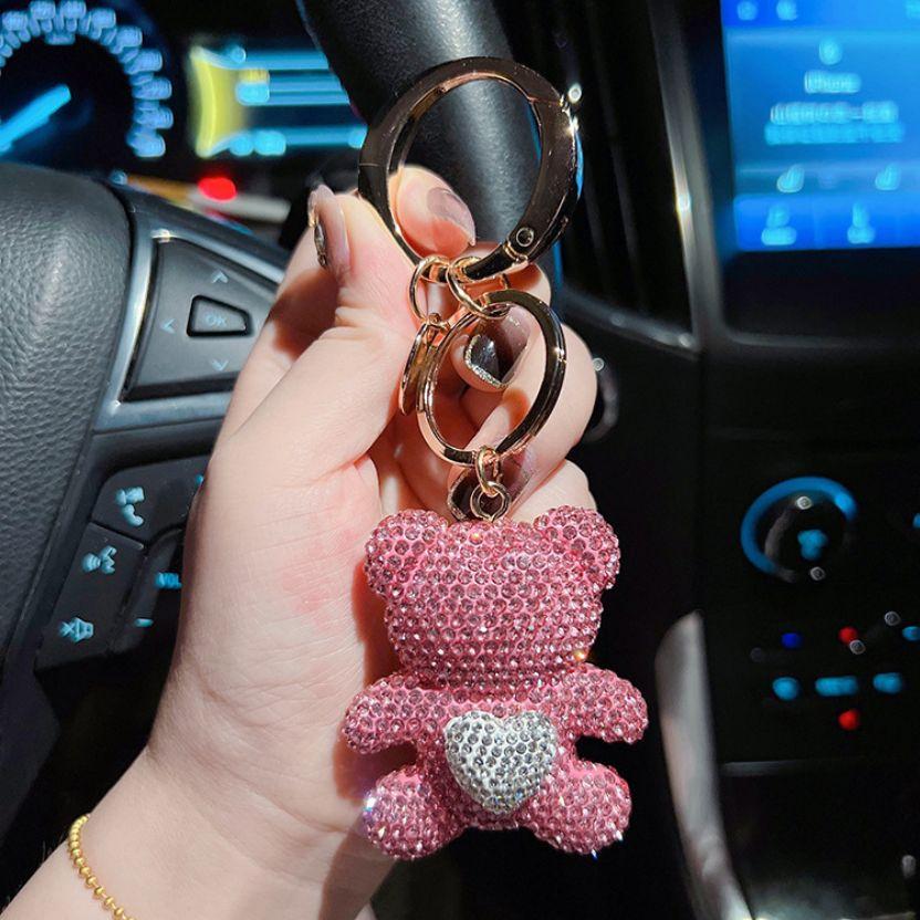 Unique Fun Keychain Gift For Girls Pure Handmade DIY Inlay Full Of Rhinestone Cute Bear Car Keychain Pendants And Bag Ornaments