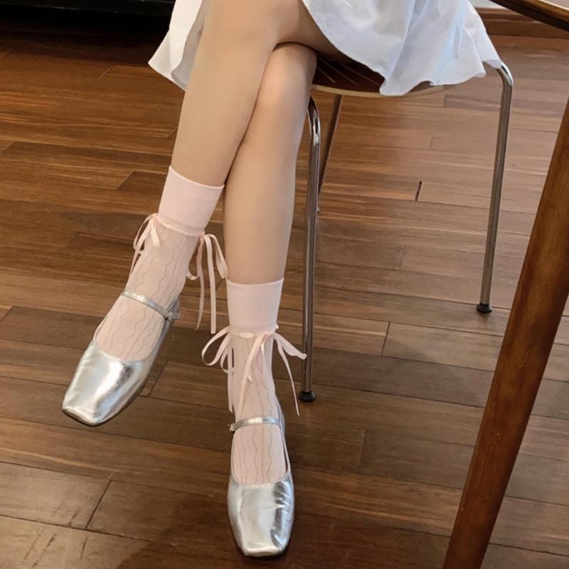 Japanese Style Sweet Waved Mesh Hollow-Out Short Crew Socks Student Girls Cute Lace Up Bowknot Ankle Socks for Womens