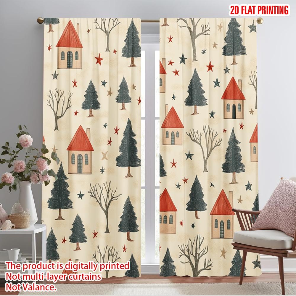 

2pcs,2D plane printing Curtains&Window Treatment Christmas Tree Village Snowflakes (3) Polyester (without rod) Decorations For 52.50×116.00 CM 2pcs