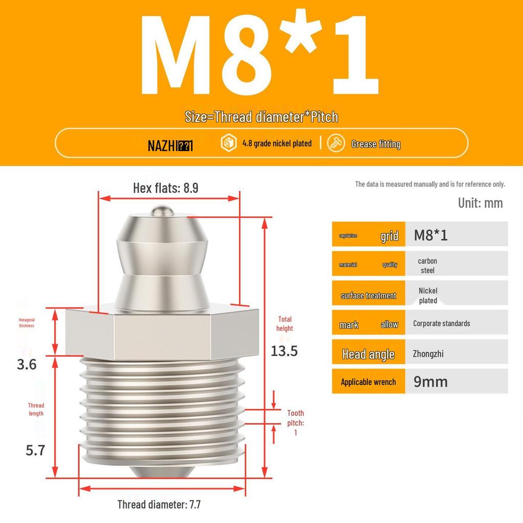 Nickel-Plated Iron Bent Grease Nipple Grease Gun Head M6-M14 G1/8