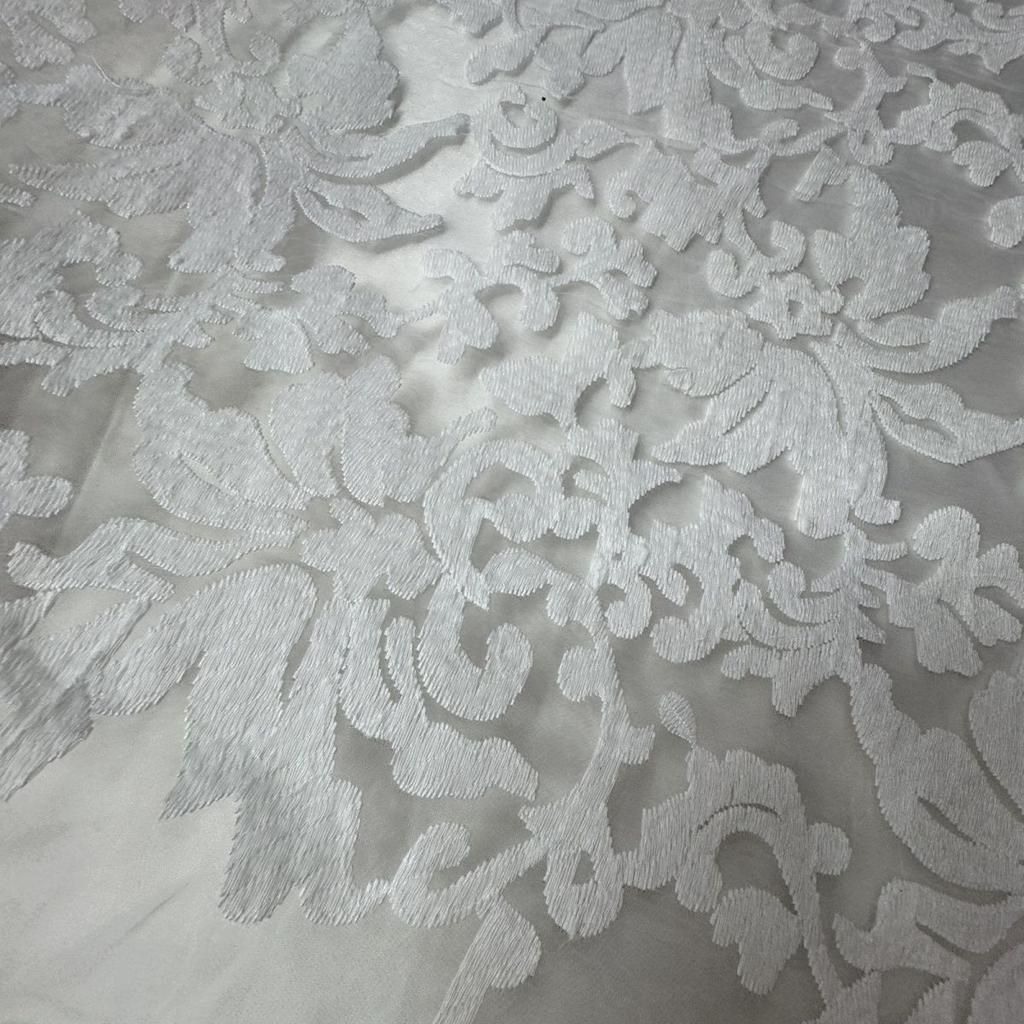 White large flower embroidered organza fabric suitable for wedding dresses formal gowns and designer clothing fabrics