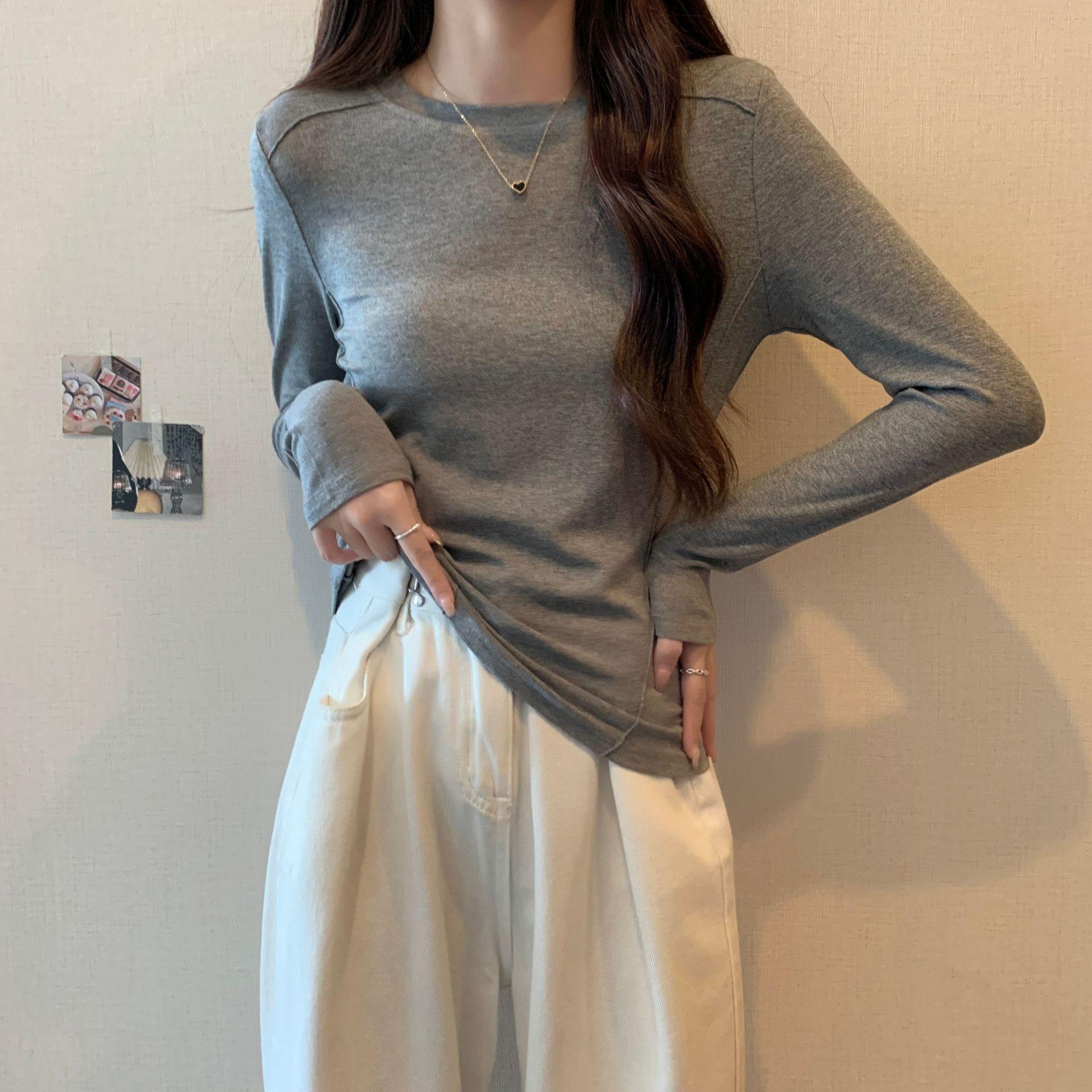 

Women s Spring Slim Fit Long Sleeve Splicing Design Round Neck T-Shirt - Unique and Stylish Top Medium серый