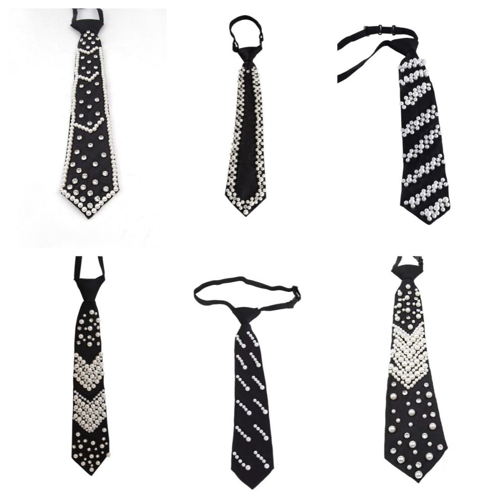 Elegant Rhinestone Pearls Tie Black Korean Style Hand-beaded Long Necktie Collares Geometric Decoration Shirt Tie Women