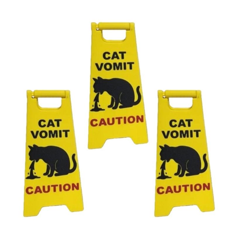 3Pcs Funny Cats Vomit Caution Signs Humorous Double-Sided Printing Desk Decors Gag Gift for Pet Owners & Cats Lover
