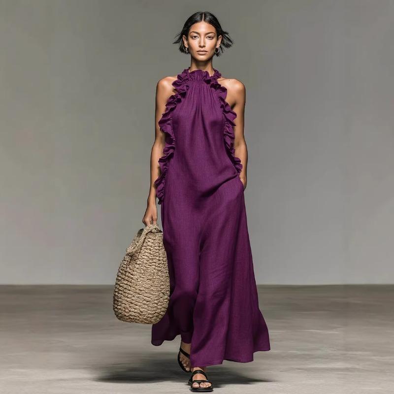 Holiday Ruffle Edge Neck Sleeveless Dress Women's Summer Loose and Thin Long Dress Women's Clothing