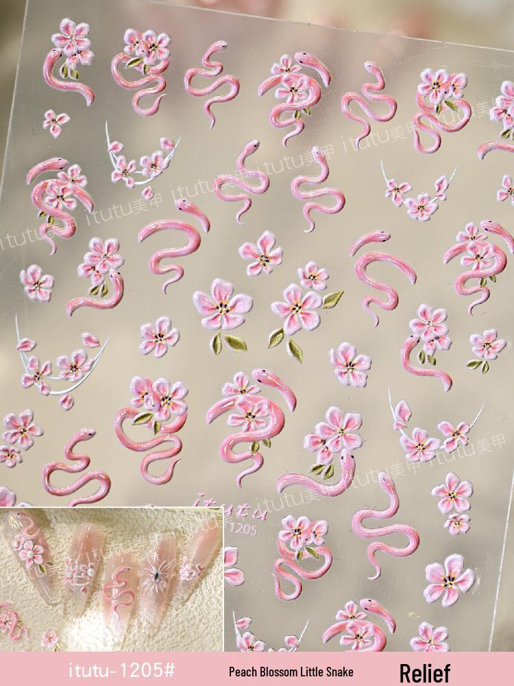 

Peach Blossom Snake & Butterfly Nail Stickers - Pink Flowers & Iridescent Shell Patterns