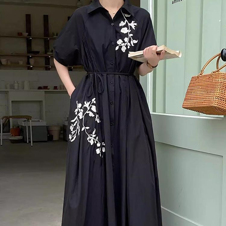 Vintage Loose Embroidery Jacquard Lace Up Design A-line Dress Woman Elegant Lapel Single Breast Pleated Dresses Ins New