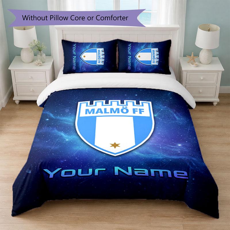 Malmö FF Custom Name Text Bedding Set 1 Duvet Cover+2 Pillowcases Soccer Logo Personalized Gift For Special Occasion Bedroom Decor