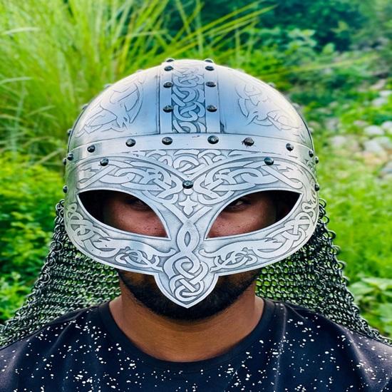 Medieval Viking Gjermundbu Helmet  Authentic Etched Norse Warrior Battle Helmet  LARP Viking Helmet With Chainmail  Best Gift For Him