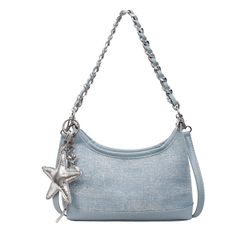 Fashion Denim Shoulder Bag for Women 2024 New Korean Style Crossbody Bag with Chain Cute Versatile Top-Handle Purse