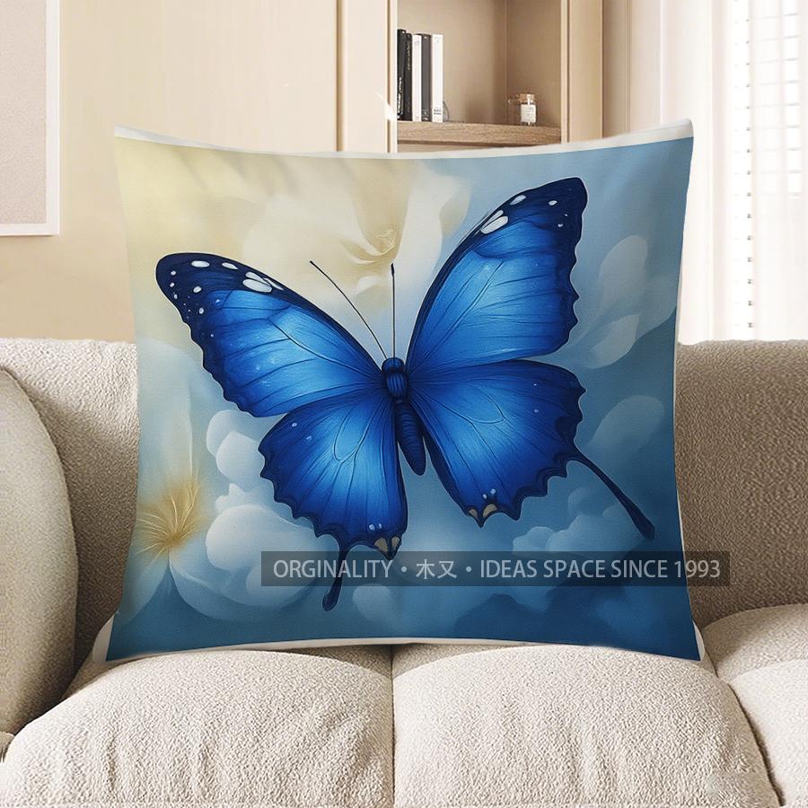 Home Decor Blue Butterfly &amp; White Flowers Pillow Cover Pattern Cushion Cover Suitable For Sofa Bedroom Car Pillow Cover